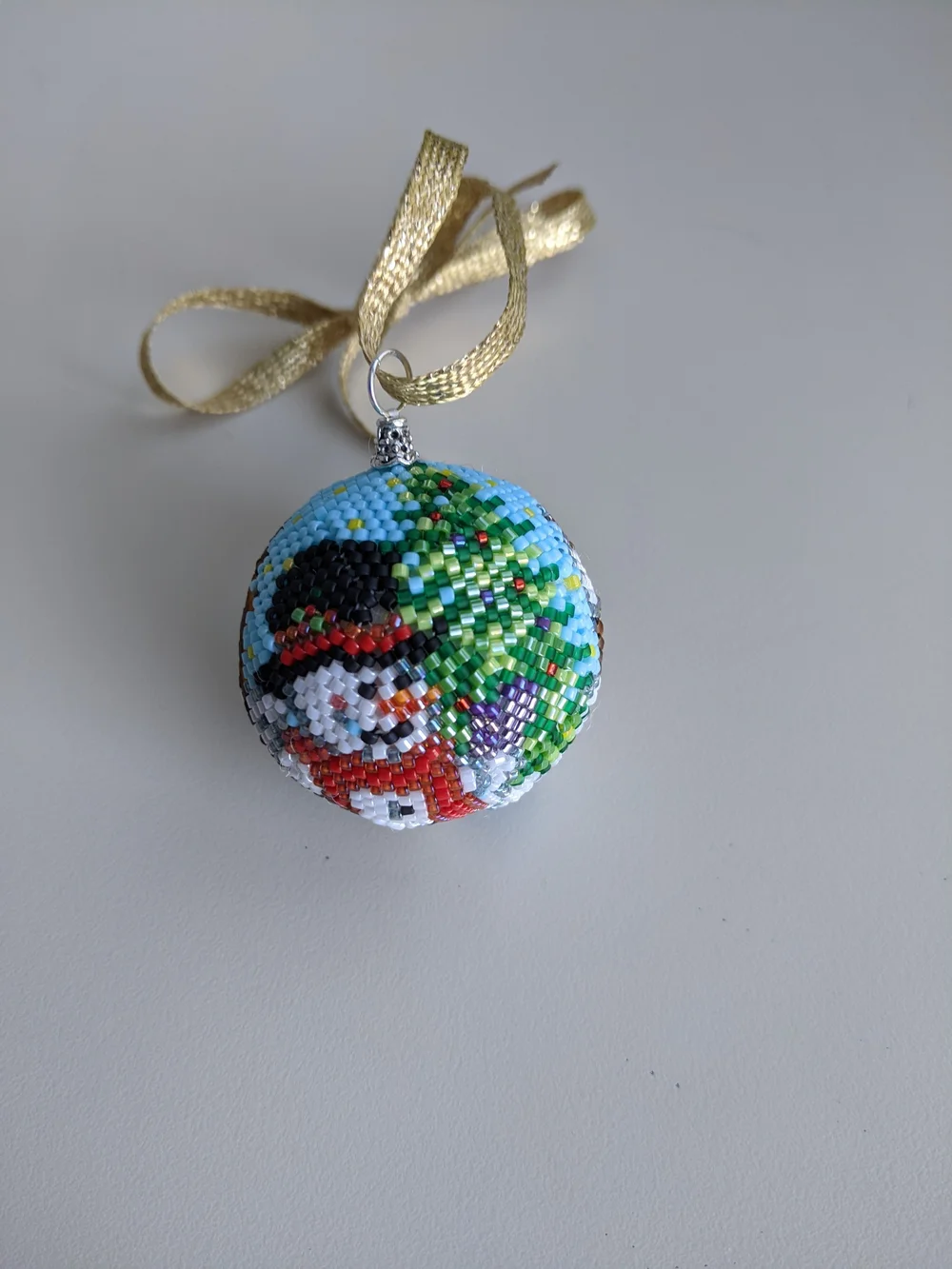 Handcrafted Beaded Snowman Ornament - Blue, Green, Red